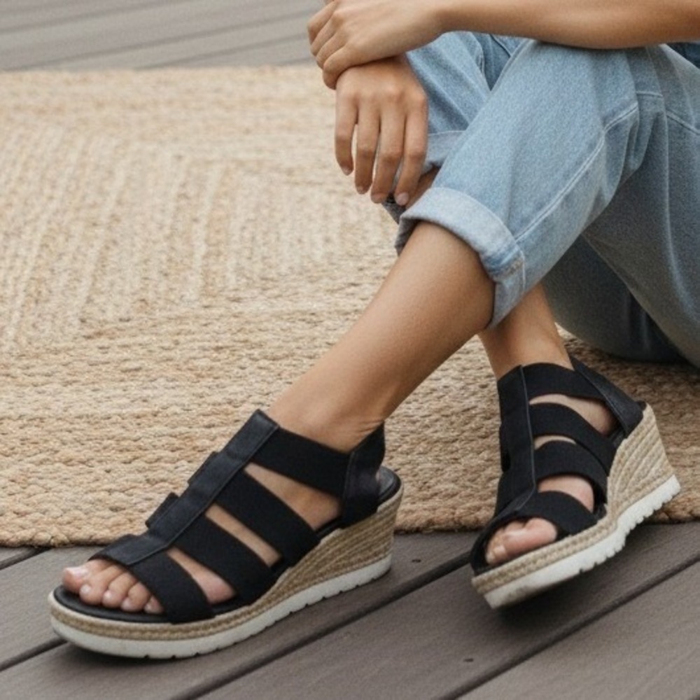 STEVEN Women's Natural Comfort Black Elastic Strappy Wedge Sandals‎ - Size 7